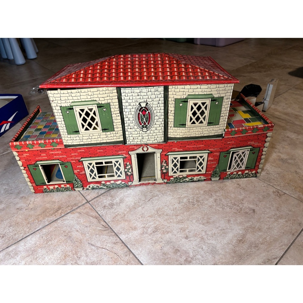 Vintage T. Cohn Tin Litho Dollhouse 1940s Red Brick w/ Furniture & Doll Set